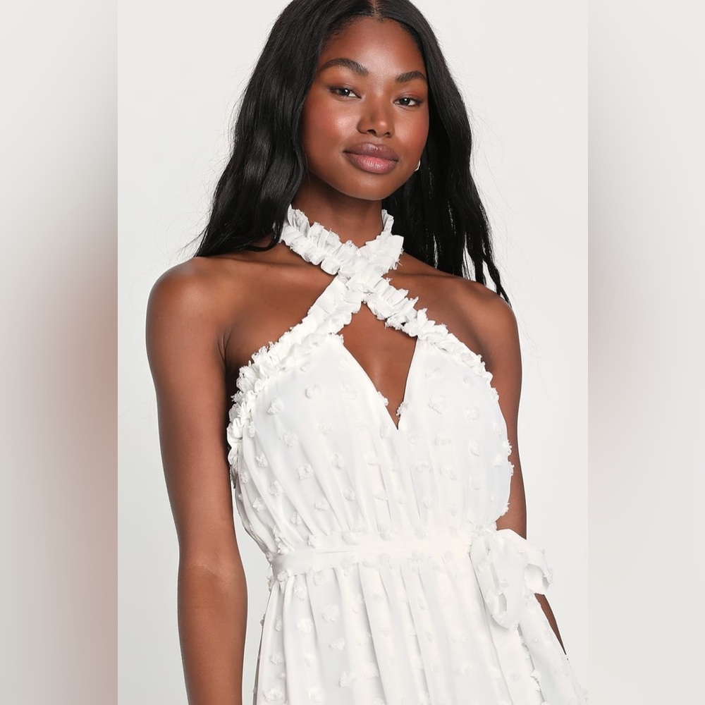 NWT Lulus Sensational Essence White Clip Dot Tiered Halter Midi Dress